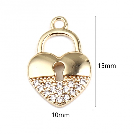 Picture of Brass Micro Pave Charms Heart 18K Real Gold Plated Lock Clear Rhinestone 15mm x 10mm, 1 Piece