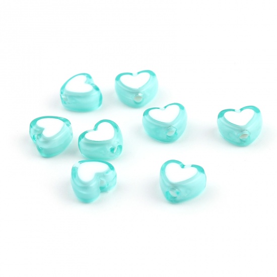 Picture of Acrylic Beads Heart Cyan About 8mm x 7mm, Hole: Approx 1.8mm, 300 PCs
