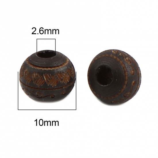 Picture of Schima Superba Wood Spacer Beads Round Dark Coffee Stripe About 10mm Dia., Hole: Approx 2.6mm, 20 PCs