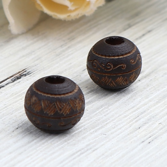Picture of Schima Superba Wood Spacer Beads Round Dark Coffee Stripe About 10mm Dia., Hole: Approx 2.6mm, 20 PCs