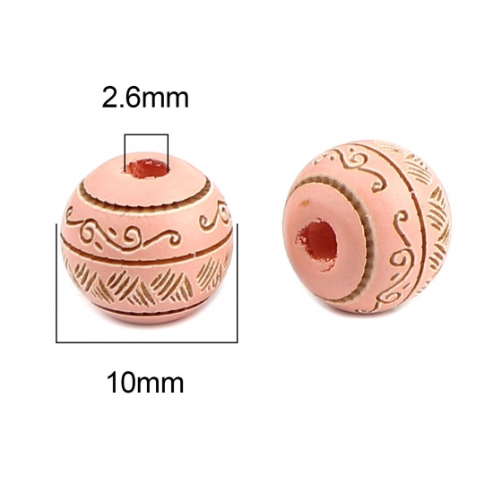 Picture of Schima Superba Wood Spacer Beads Round Peach Pink Stripe About 10mm Dia., Hole: Approx 2.6mm, 20 PCs