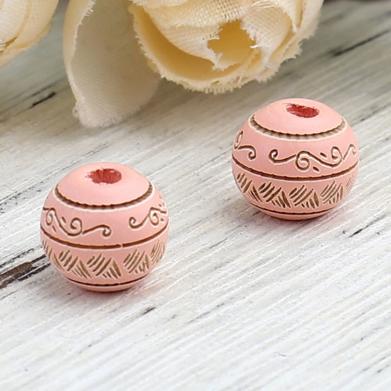 Picture of Schima Superba Wood Spacer Beads Round Peach Pink Stripe About 10mm Dia., Hole: Approx 2.6mm, 20 PCs