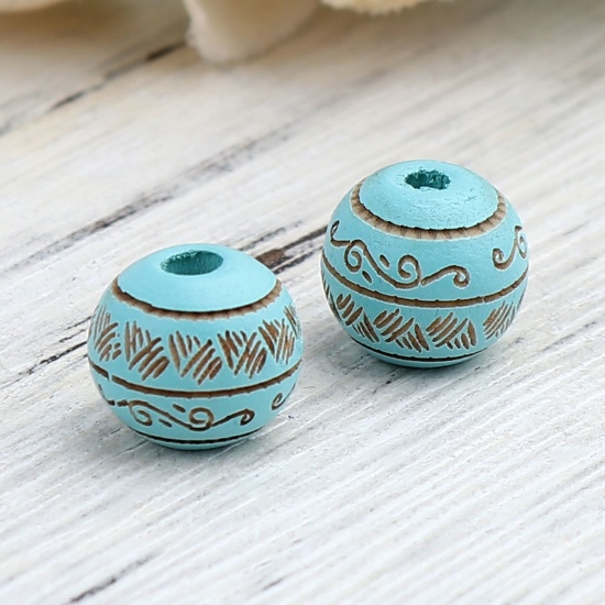 Picture of Schima Superba Wood Spacer Beads Round Cyan Stripe About 10mm Dia., Hole: Approx 2.6mm, 20 PCs