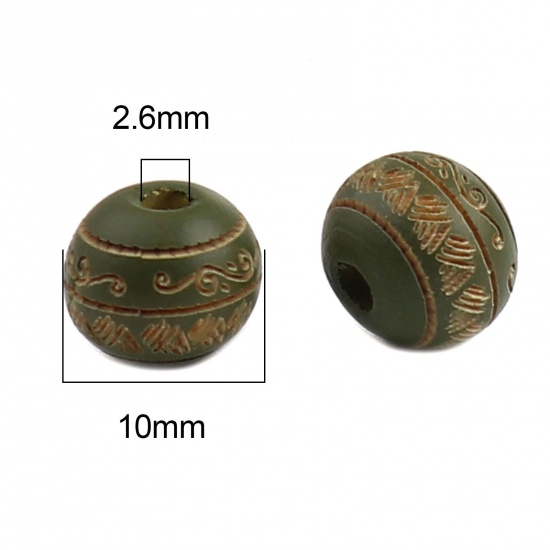 Picture of Schima Superba Wood Spacer Beads Round Army Green Stripe About 10mm Dia., Hole: Approx 2.6mm, 20 PCs