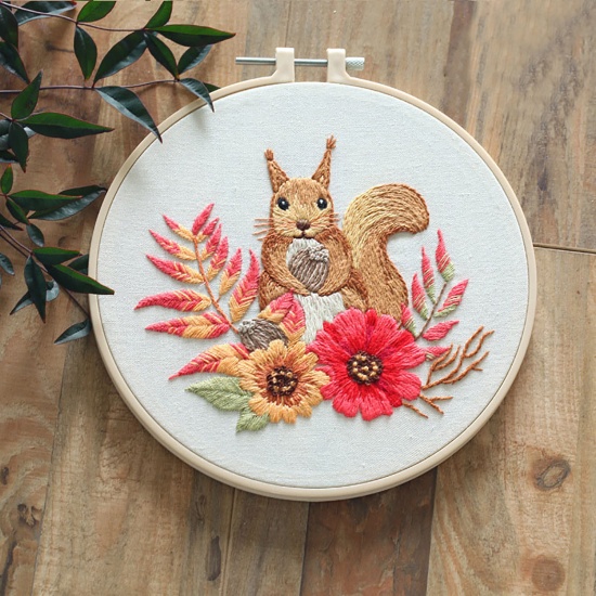 Picture of Cotton & Linen Embroidery Kit Package DIY Handmade Decoration Squirrel Animal Multicolor Flower Leaves 1 Set