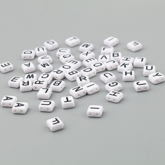 Picture of Acrylic Beads Two Holes Capital Alphabet/ Letter Black & White At Random Pattern About 8mm x 8mm, Hole: Approx 1.5mm, 200 PCs