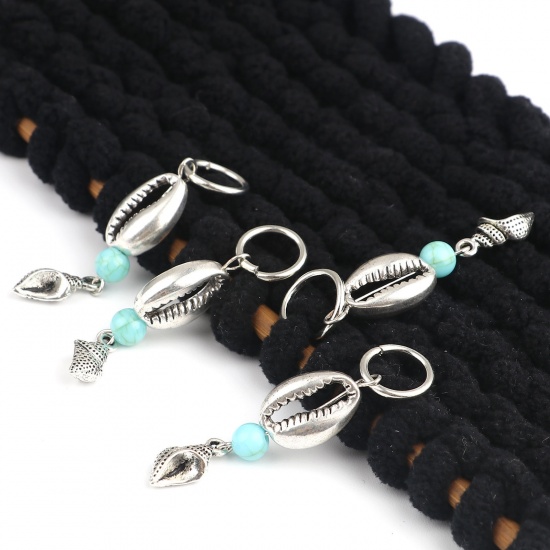 Picture of Acrylic Ocean Jewelry Knitting Stitch Markers Shell Antique Silver Color Cyan Conch Sea Snail 53mm x 12mm, 10 PCs