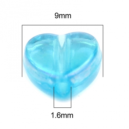Picture of Acrylic Beads Heart Blue AB Color About 9mm x 8mm, Hole: Approx 1.6mm, 500 PCs