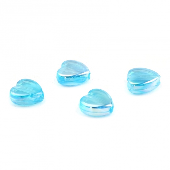 Picture of Acrylic Beads Heart Blue AB Color About 9mm x 8mm, Hole: Approx 1.6mm, 500 PCs