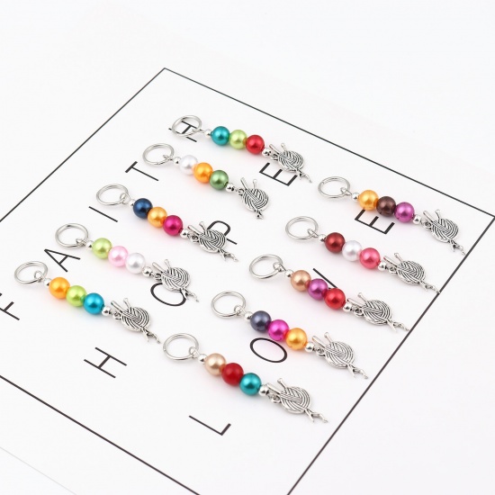 Picture of Zinc Based Alloy & Acrylic Knitting Stitch Markers Ball of yarn Antique Silver Color At Random Color Mixed 67mm x 22mm, 10 PCs