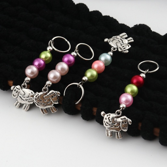 Picture of Zinc Based Alloy & Acrylic Knitting Stitch Markers Sheep Antique Silver Color At Random Color Mixed 60mm x 18mm, 10 PCs
