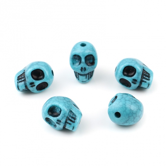 Picture of Acrylic Halloween Beads Skull Green Blue Imitation Turquoise About 13mm x 9mm, Hole: Approx 1.9mm, 100 PCs