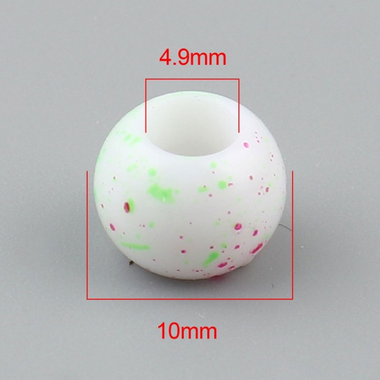 Picture of Acrylic Beads Round White & Green Dot Pattern About 10mm Dia., Hole: Approx 4.9mm, 200 PCs