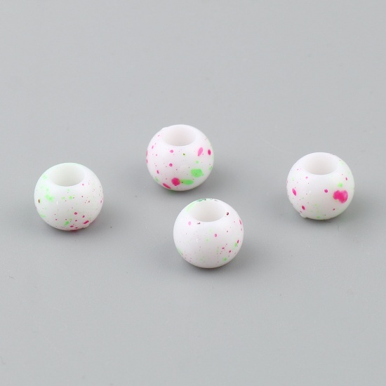 Picture of Acrylic Beads Round White & Green Dot Pattern About 10mm Dia., Hole: Approx 4.9mm, 200 PCs