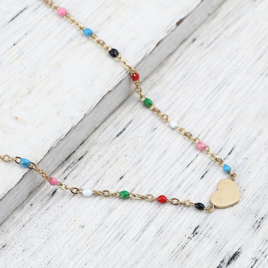 Picture of 304 Stainless Steel Valentine's Day Link Cable Chain Anklet Gold Plated Multicolor Enamel Heart 23cm(9") long, 1 Piece