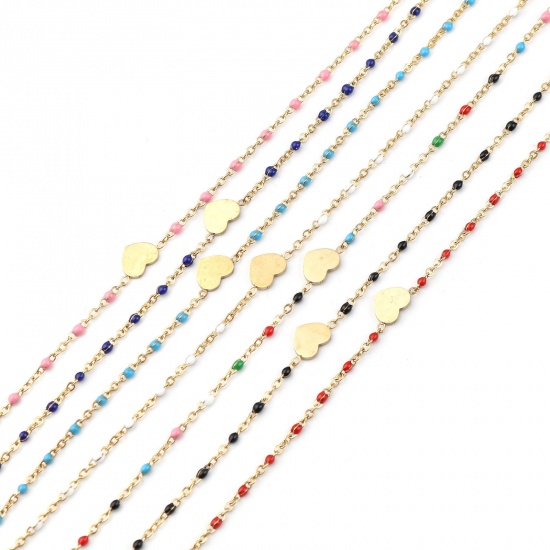 Picture of 304 Stainless Steel Valentine's Day Link Cable Chain Anklet Gold Plated Multicolor Enamel Heart 23cm(9") long, 1 Piece