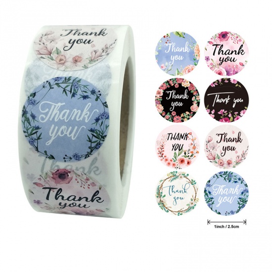 Picture of Multicolor - Thank You 8 Pattern Floral Gift Decoration Art Paper Baking Packaging Label Seal Sticker 2.5cm Dia., 1 Roll(500 PCs/Roll)