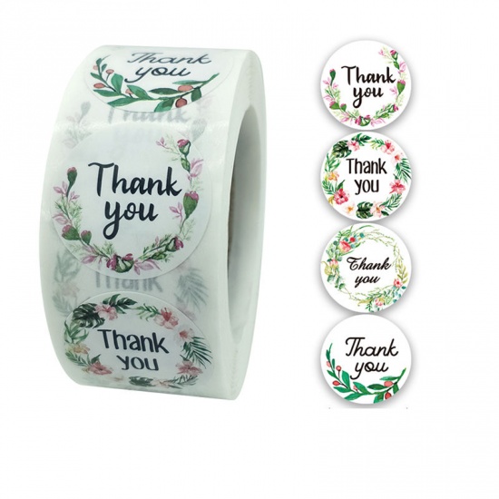 Picture of Multicolor - Thank You 4 Pattern Floral Gift Decoration Art Paper Baking Packaging Label Seal Sticker 2.5cm Dia., 1 Roll(500 PCs/Roll)