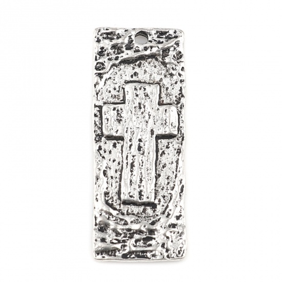 Picture of Zinc Based Alloy Maya Religious Pendants Rectangle Antique Silver Color Cross 33mm x 13mm, 10 PCs