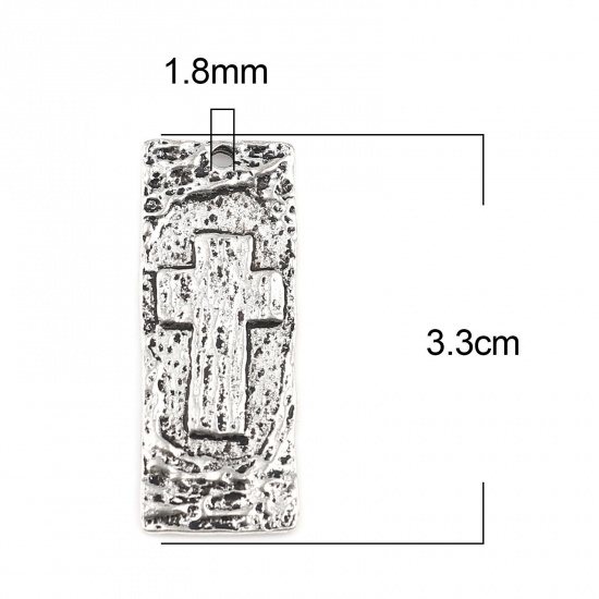 Picture of Zinc Based Alloy Maya Religious Pendants Rectangle Antique Silver Color Cross 33mm x 13mm, 10 PCs