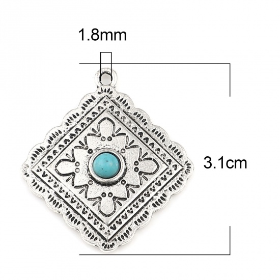 Picture of Zinc Based Alloy & Acrylic Maya Pendants Rhombus Antique Silver Color Blue Carved Pattern Imitation Turquoise 31mm x 28mm, 5 PCs