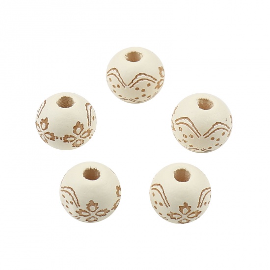 Picture of Wood Spacer Beads Round Creamy-White Flower About 10mm Dia., Hole: Approx 2.9mm, 20 PCs