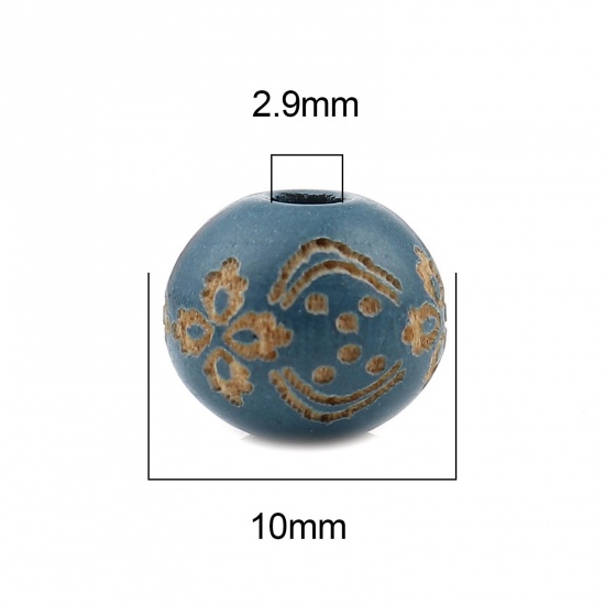 Изображение Деревянные Бусины Круглые, Синий Серый Цветок 10мм диаметр, Отверстие:примерно 2.9мм, 20 ШТ
