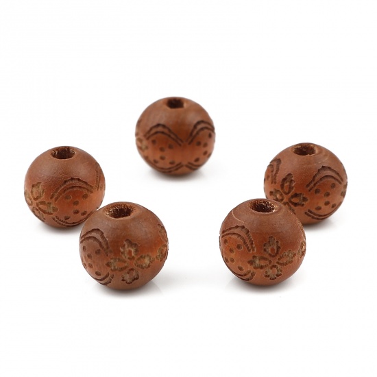 Picture of Wood Spacer Beads Round Coffee Flower About 10mm Dia., Hole: Approx 2.9mm, 20 PCs