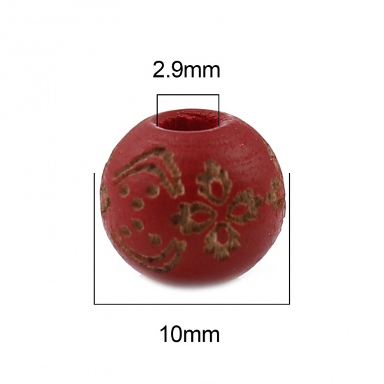 Изображение Деревянные Бусины Круглые, Темно-красный Цветок 10мм диаметр, Отверстие:примерно 2.9мм, 20 ШТ