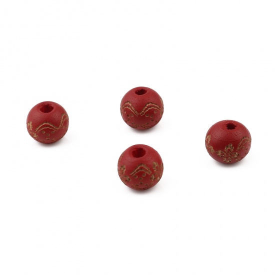 Picture of Wood Spacer Beads Round Dark Red Flower About 10mm Dia., Hole: Approx 2.9mm, 20 PCs