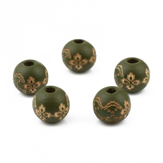Picture of Wood Spacer Beads Round Army Green Flower About 10mm Dia., Hole: Approx 2.9mm, 20 PCs
