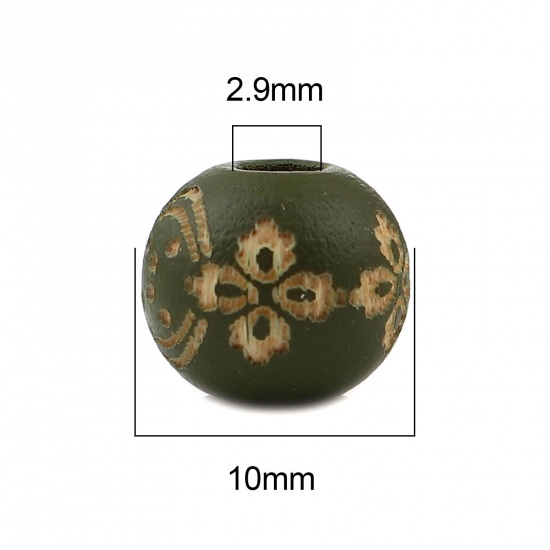 Picture of Wood Spacer Beads Round Army Green Flower About 10mm Dia., Hole: Approx 2.9mm, 20 PCs