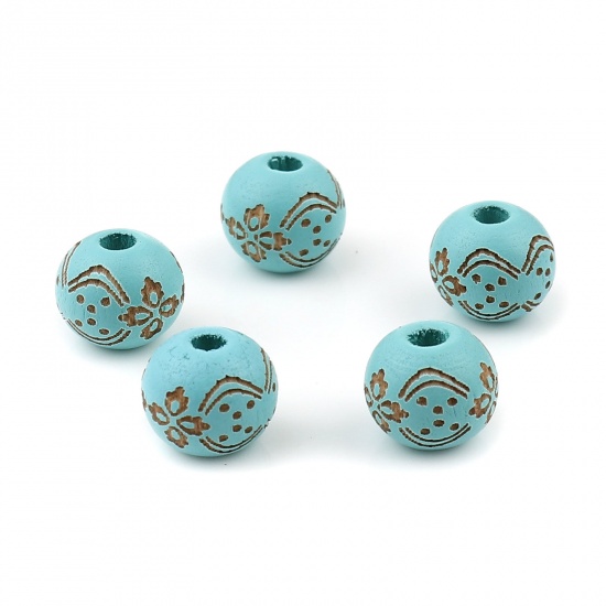 Picture of Wood Spacer Beads Round Light Blue Flower About 10mm Dia., Hole: Approx 2.9mm, 20 PCs