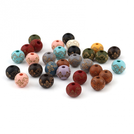 Picture of Wood Spacer Beads Round Light Blue Flower About 10mm Dia., Hole: Approx 2.9mm, 20 PCs