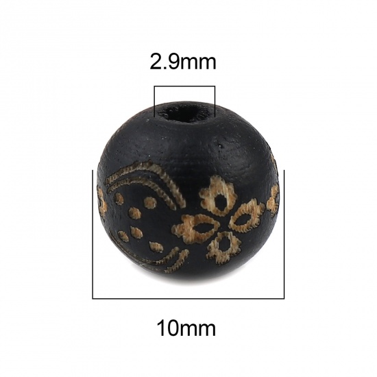 Изображение Деревянные Бусины Круглые, Черный Цветок 10мм диаметр, Отверстие:примерно 2.9мм, 20 ШТ