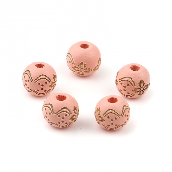 Picture of Wood Spacer Beads Round Korea Pink Flower About 10mm Dia., Hole: Approx 2.9mm, 20 PCs