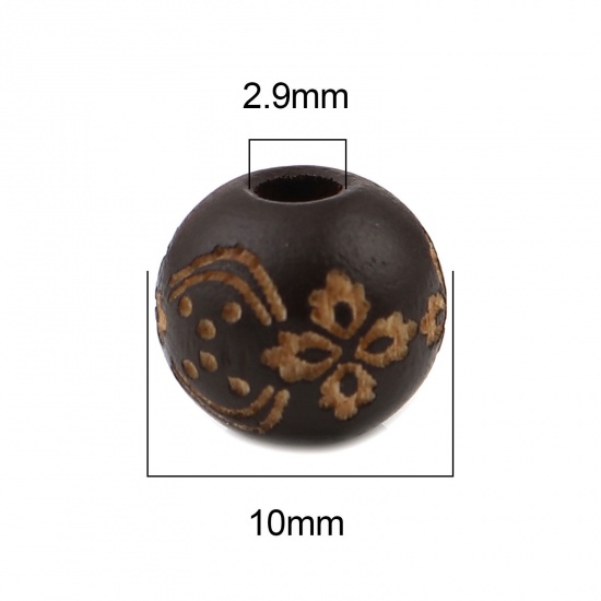 Picture of Wood Spacer Beads Round Dark Coffee Flower About 10mm Dia., Hole: Approx 2.9mm, 20 PCs
