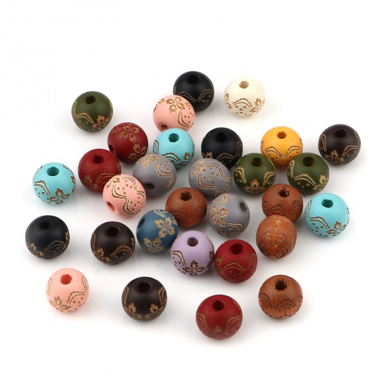 Picture of Wood Spacer Beads Round Dark Coffee Flower About 10mm Dia., Hole: Approx 2.9mm, 20 PCs