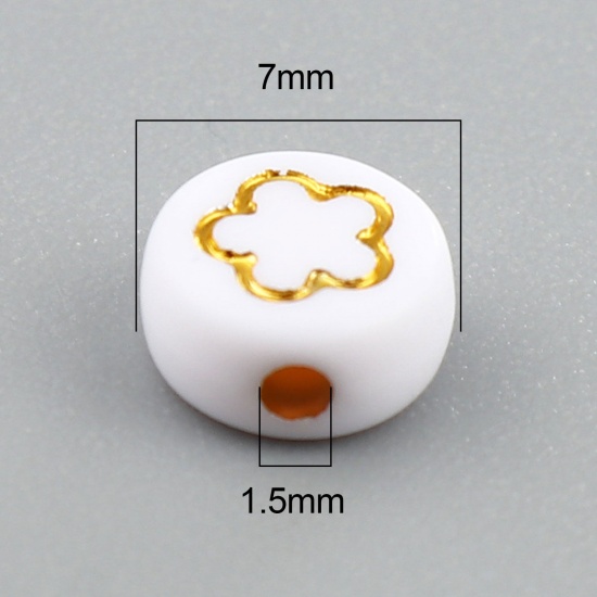 Picture of Acrylic Galaxy Beads Flower White & Golden At Random Pattern About 7mm Dia., Hole: Approx 1.5mm, 500 PCs