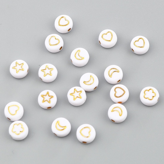 Picture of Acrylic Galaxy Beads Flower White & Golden At Random Pattern About 7mm Dia., Hole: Approx 1.5mm, 500 PCs