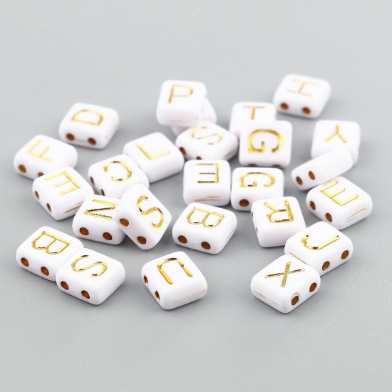 Picture of Acrylic Beads Two Holes Capital Alphabet/ Letter White & Golden At Random Pattern About 8mm x 8mm, Hole: Approx 1.6mm, 300 PCs