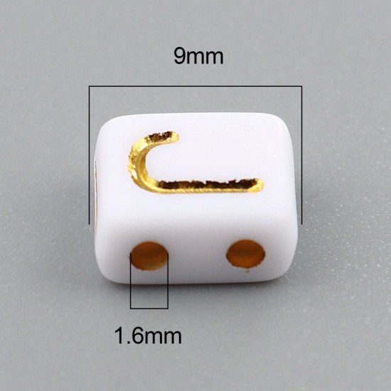 Picture of Acrylic Beads Two Holes Capital Alphabet/ Letter White & Golden At Random Pattern About 8mm x 8mm, Hole: Approx 1.6mm, 300 PCs