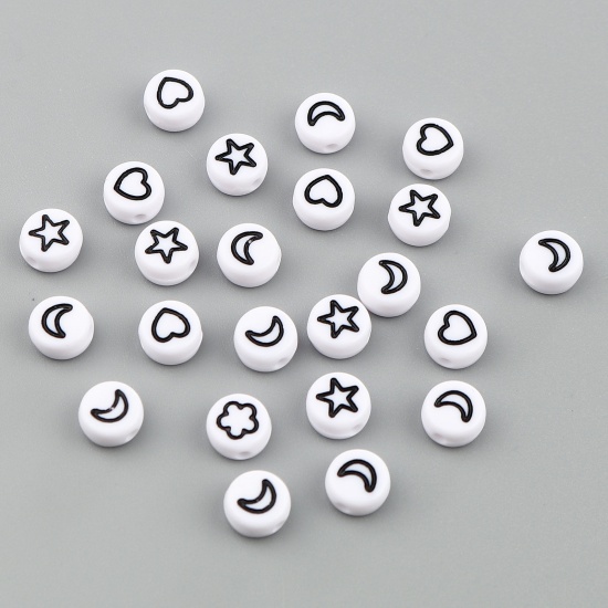 Picture of Acrylic Beads Flower Black & White At Random Pattern About 7mm Dia., Hole: Approx 1.5mm, 500 PCs