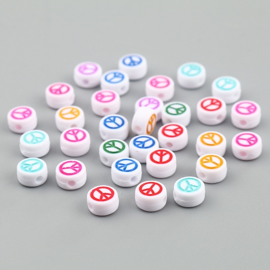 Picture of Acrylic Beads Flat Round At Random Color Peace Symbol Pattern About 7mm Dia., Hole: Approx 1.5mm, 500 PCs