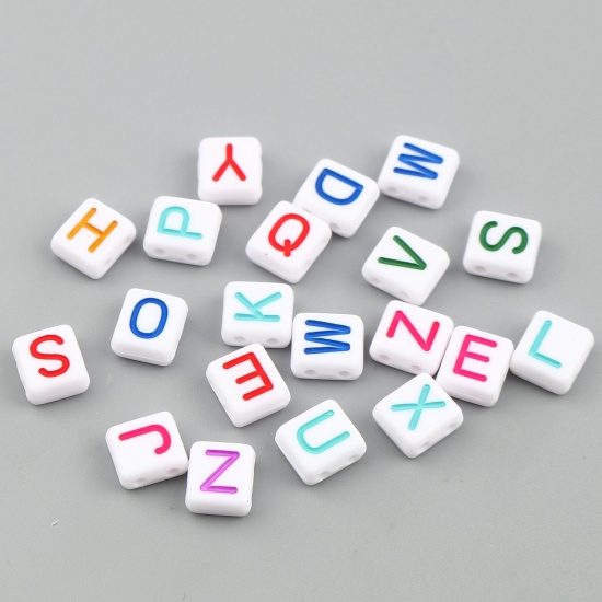 Picture of Acrylic Beads Two Holes Rectangle At Random Color Initial Alphabet/ Capital Letter Pattern About 8mm x 8mm, Hole: Approx 1.6mm, 300 PCs