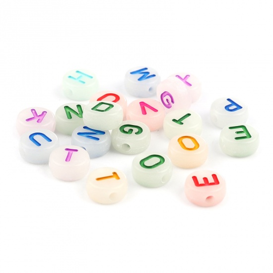Picture of Acrylic Beads Flat Round At Random Color Initial Alphabet/ Capital Letter Pattern Glow In The Dark Luminous About 10mm Dia., Hole: Approx 2.3mm, 200 PCs