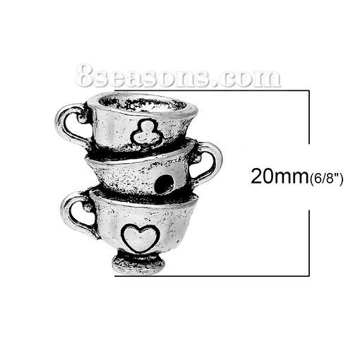 Image de Pendentifs en Alliage de Zinc 3D Tasse Argent Vieilli (Apparié à Strass de ss12) Cœur 20mm x 19mm, 5 Pcs