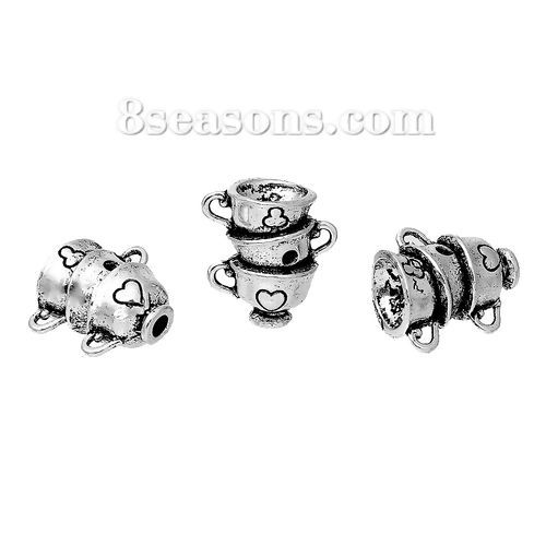 Image de Pendentifs en Alliage de Zinc 3D Tasse Argent Vieilli (Apparié à Strass de ss12) Cœur 20mm x 19mm, 5 Pcs