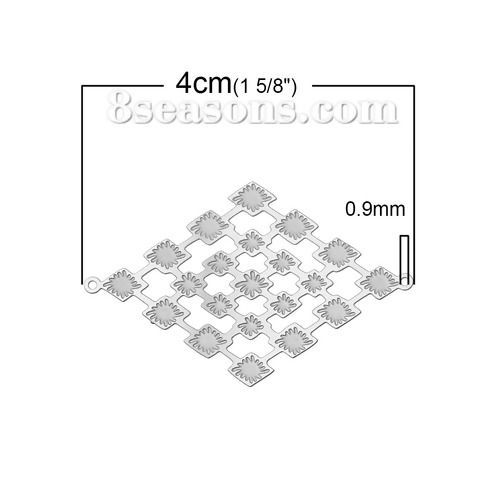 Immagine di Acciaio Inossidabile Connettore Accessori Rombo Tono Argento Fiore Disegno Filigrana 40mm x 26mm, 20 Pz