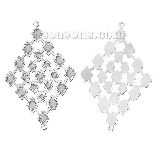 Immagine di Acciaio Inossidabile Connettore Accessori Rombo Tono Argento Fiore Disegno Filigrana 40mm x 26mm, 20 Pz